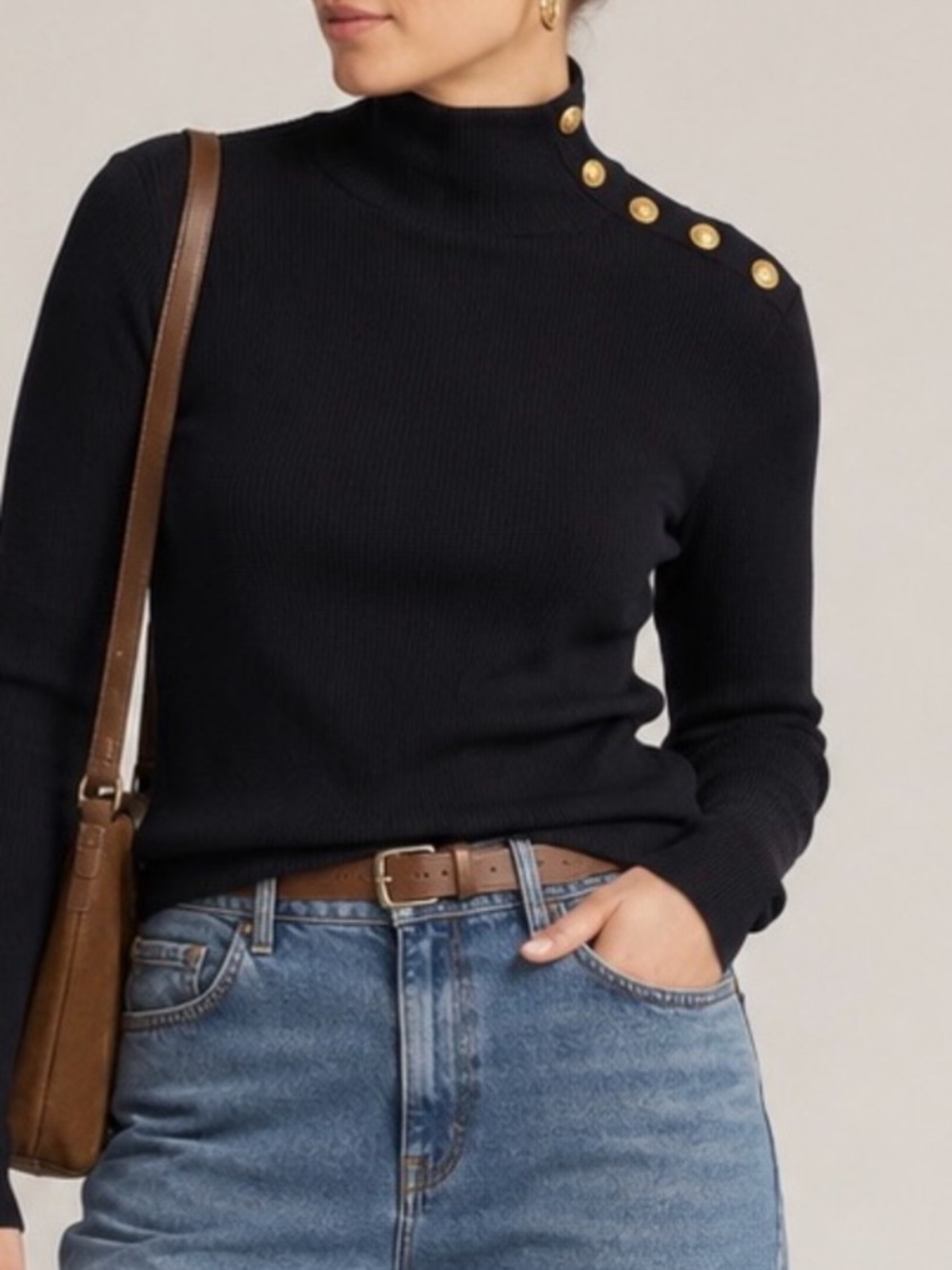 J. Crew Vintage Ribbed Turtleneck Long Sleeve Top Gold Buttons